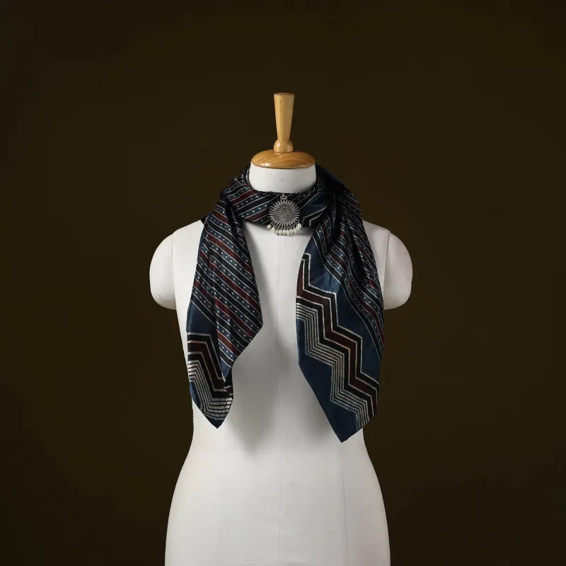 Blue - Ajrakh Block Print Modal Silk Brooch Scarf 35 sold by Itokri