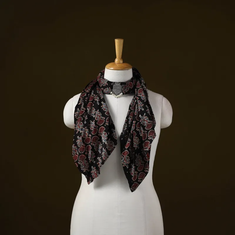 Black - Ajrakh Block Print Modal Silk Brooch Scarf 31 sold by Itokri