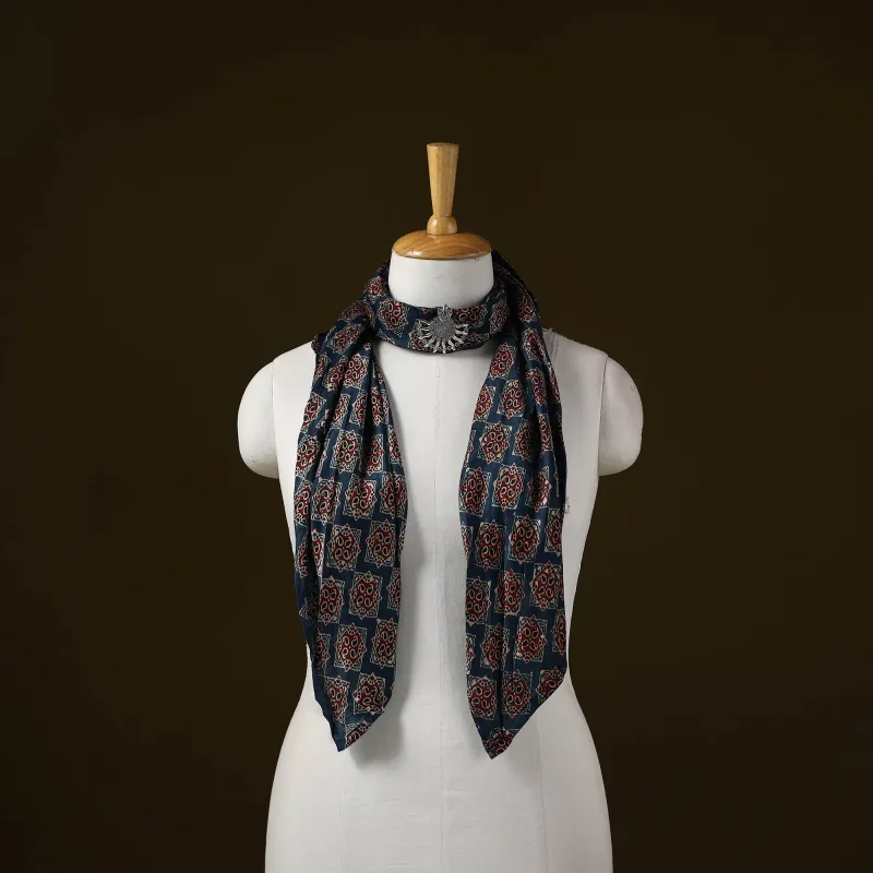 Blue - Ajrakh Block Print Modal Silk Brooch Scarf 28 sold by Itokri