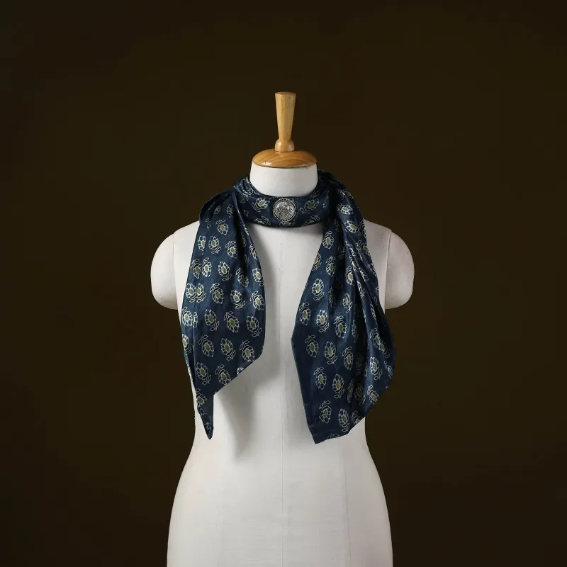 Blue - Ajrakh Block Print Modal Silk Brooch Scarf 27 sold by Itokri