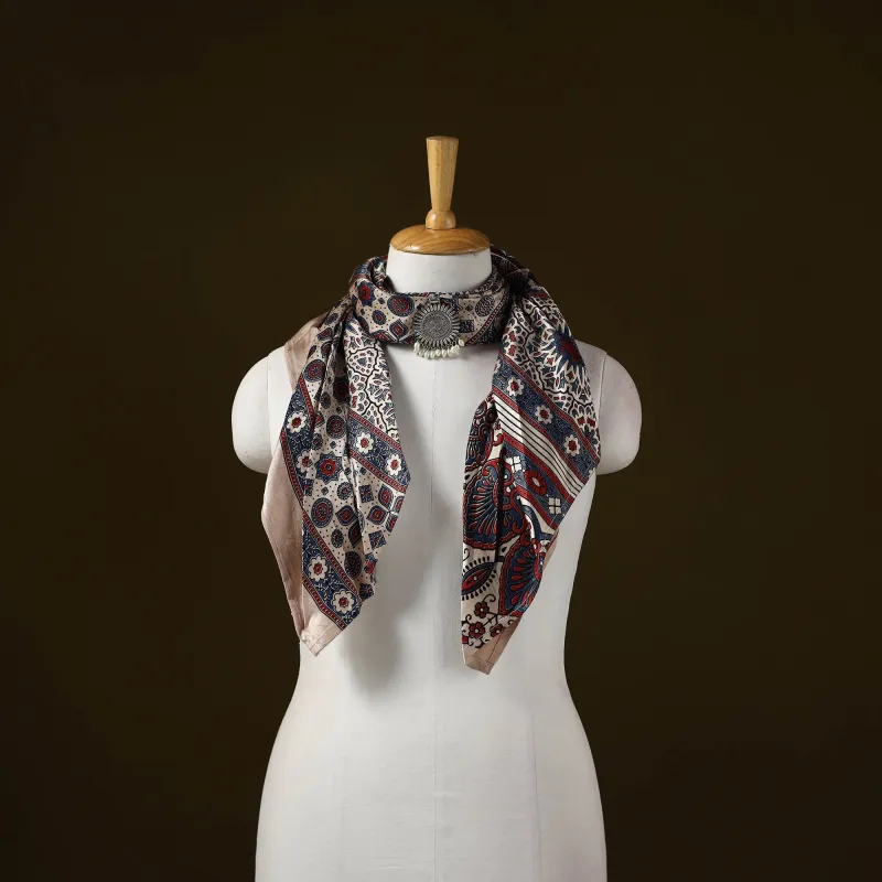 Beige - Ajrakh Block Print Modal Silk Brooch Scarf 25 sold by Itokri