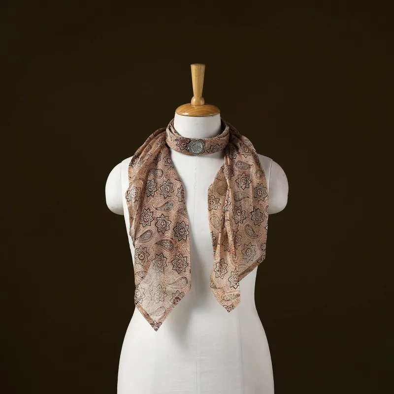 Beige - Kalamkari Block Print Chanderi Silk Brooch Scarf 14 sold by Itokri