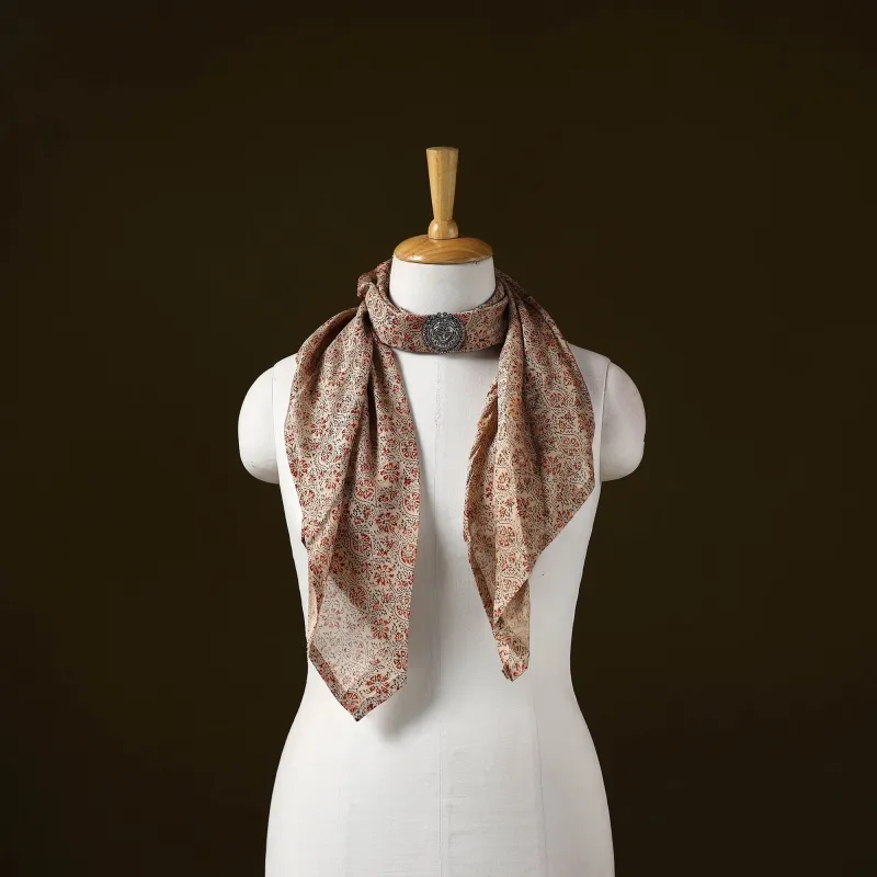 Beige - Kalamkari Block Print Chanderi Silk Brooch Scarf 13 sold by Itokri