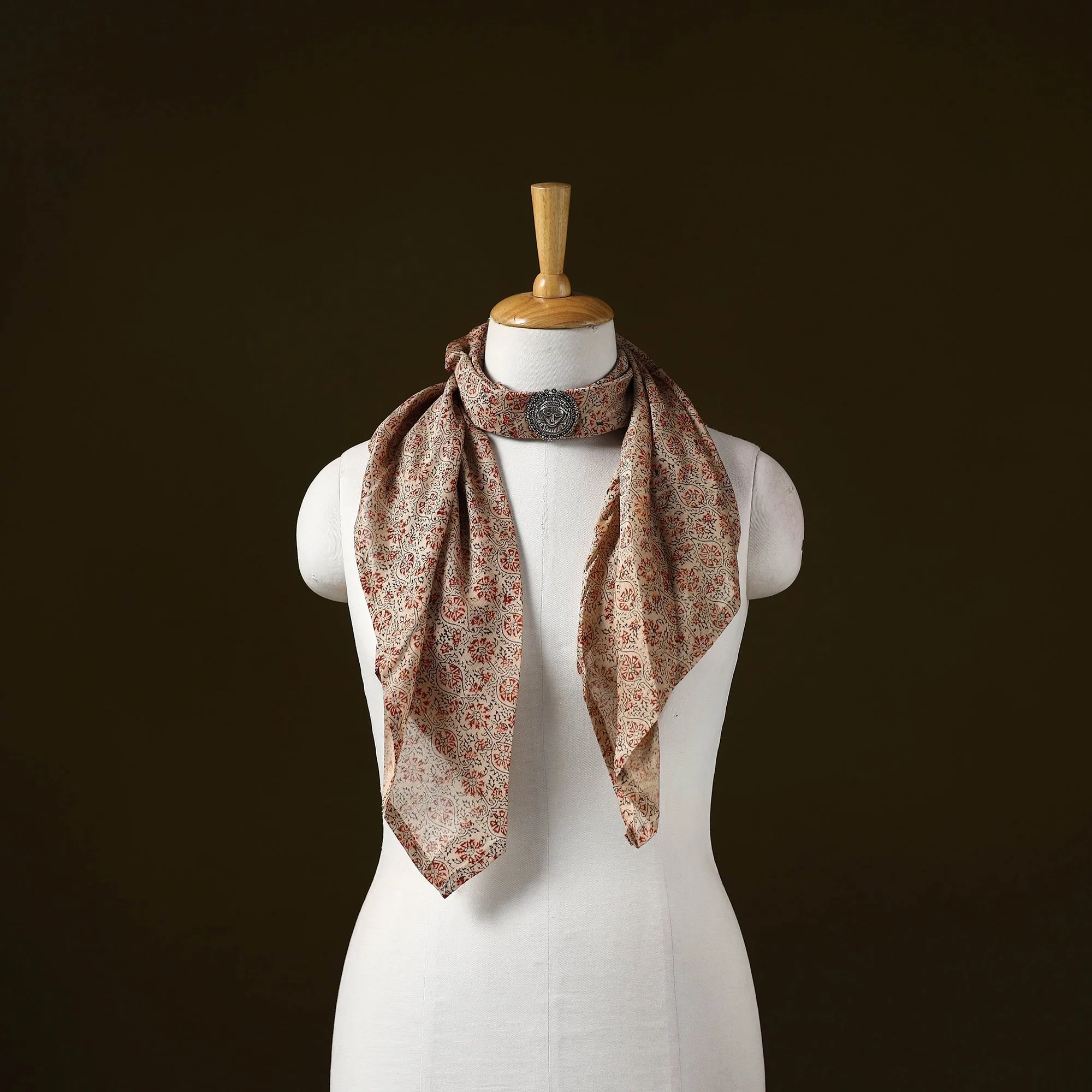 Beige - Kalamkari Block Print Chanderi Silk Brooch Scarf 13 sold by Itokri