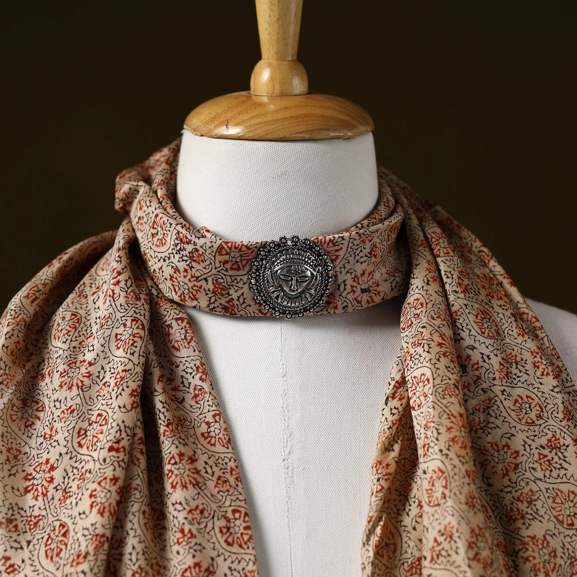 Beige - Kalamkari Block Print Chanderi Silk Brooch Scarf 13 sold by Itokri product image thumbnail 3