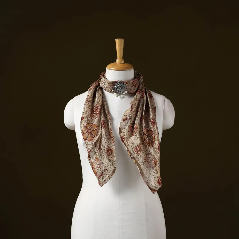 Beige - Kalamkari Block Print Chanderi Silk Brooch Scarf 02 sold by Itokri