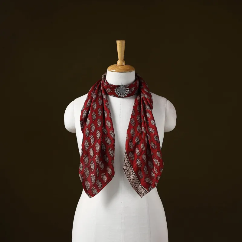 Red - Bagh Block Print Silk Brooch Scarf 15 sold by Itokri