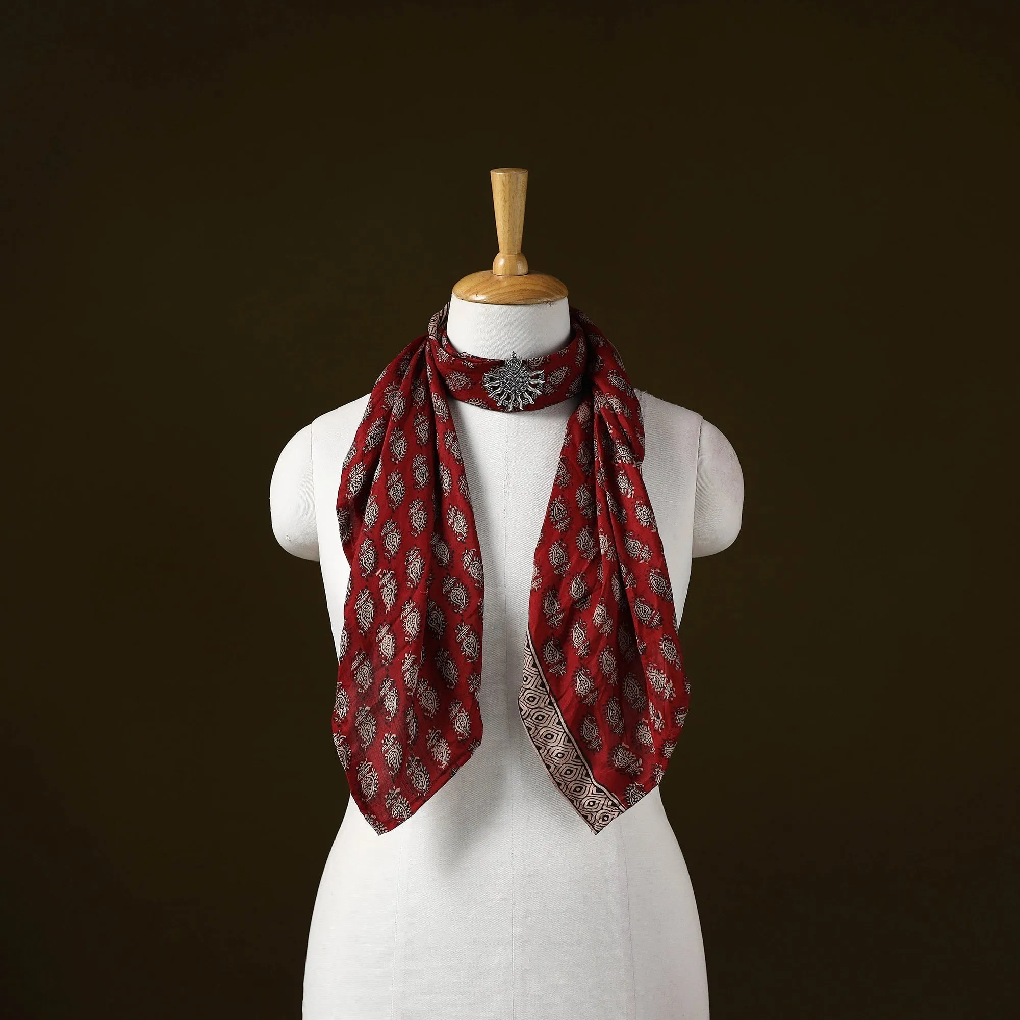 Red - Bagh Block Print Silk Brooch Scarf 15 sold by Itokri