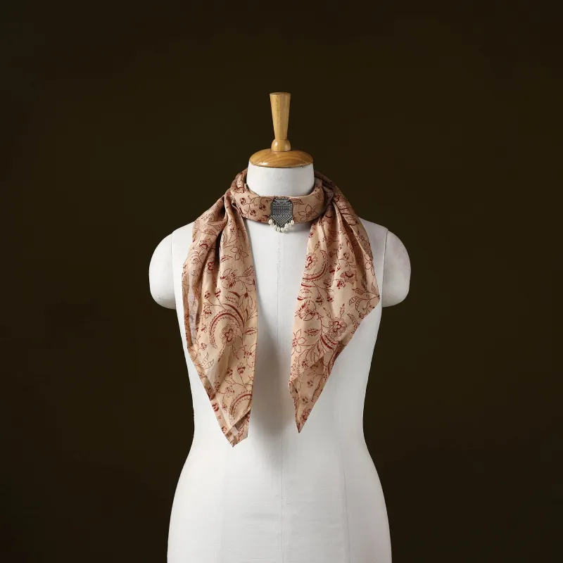 Beige - Kalamkari Block Print Chanderi Silk Brooch Scarf 01 sold by Itokri