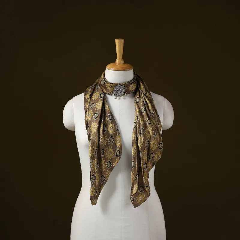 Brown - Ajrakh Block Print Modal Silk Brooch Scarf 94 sold by Itokri