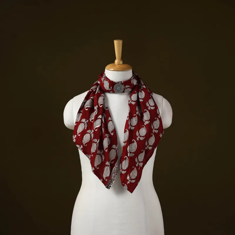 Red - Bagh Block Print Modal Silk Brooch Scarf 91 sold by Itokri