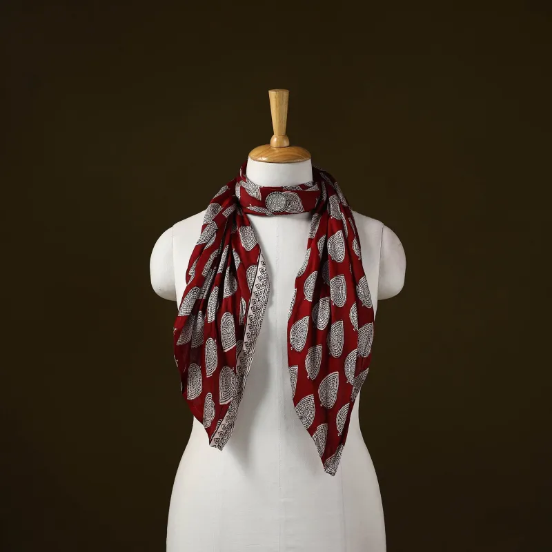 Red - Bagh Block Print Modal Silk Brooch Scarf 90 sold by Itokri