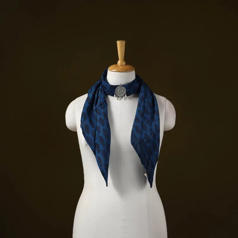 Blue - Bagh Block Print Modal Silk Brooch Scarf 85 made by Itokri