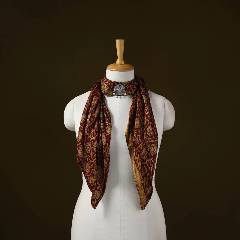 Maroon - Bagh Block Print Modal Silk Brooch Scarf 83 sold by Itokri