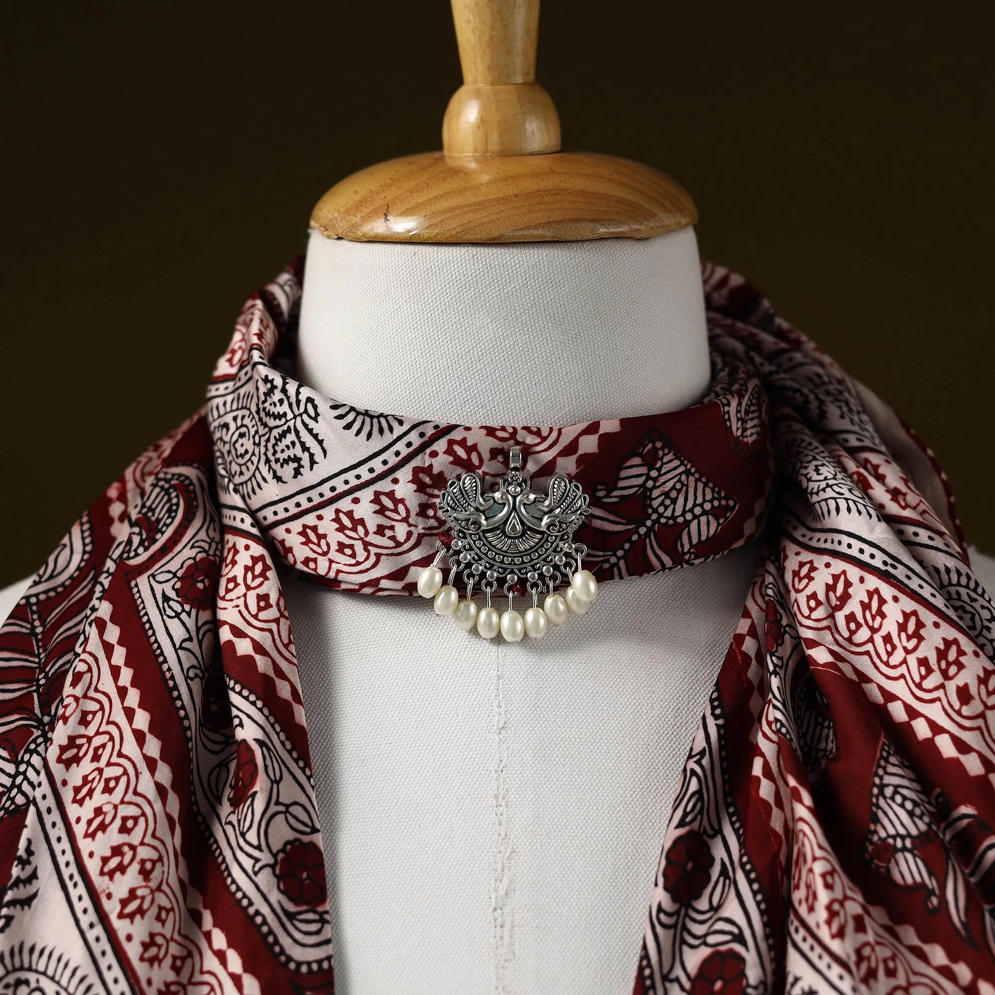 Maroon - Bagh Block Print Modal Silk Brooch Scarf 82 sold by Itokri product image thumbnail 3