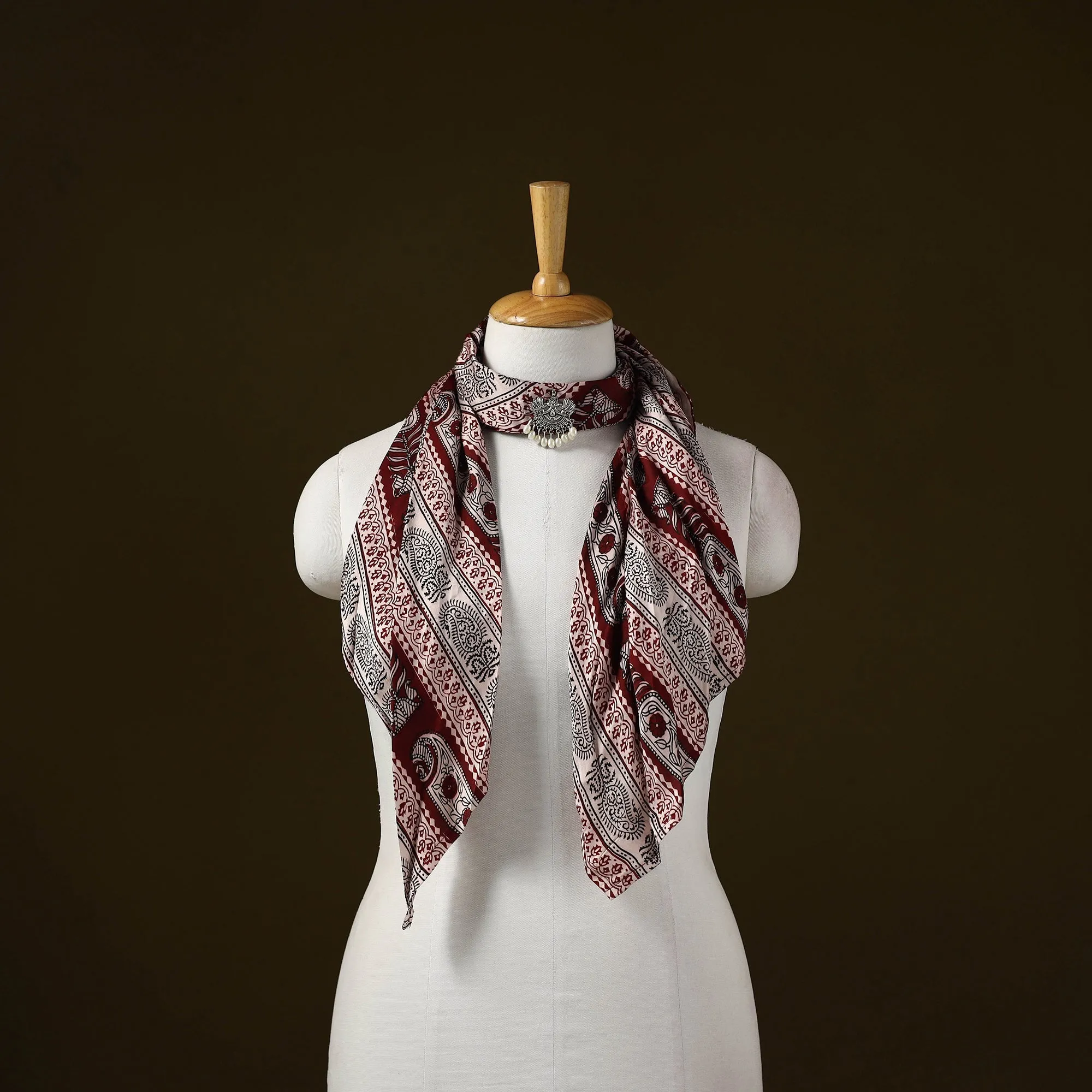 Maroon - Bagh Block Print Modal Silk Brooch Scarf 82 sold by Itokri