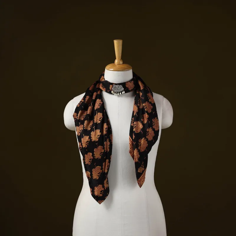 Black - Bagh Block Print Modal Silk Brooch Scarf 77 sold by Itokri