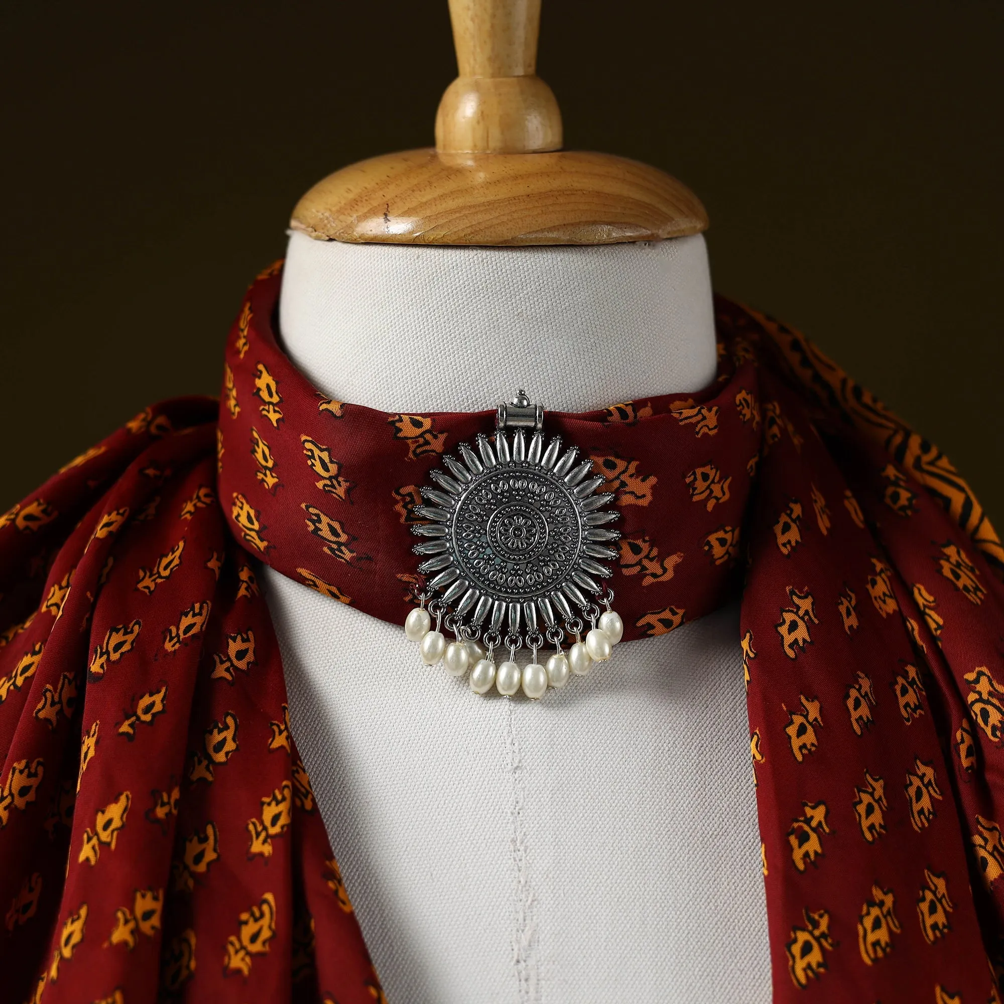 Red - Bagh Block Print Modal Silk Brooch Scarf 76 sold by Itokri product image thumbnail 3