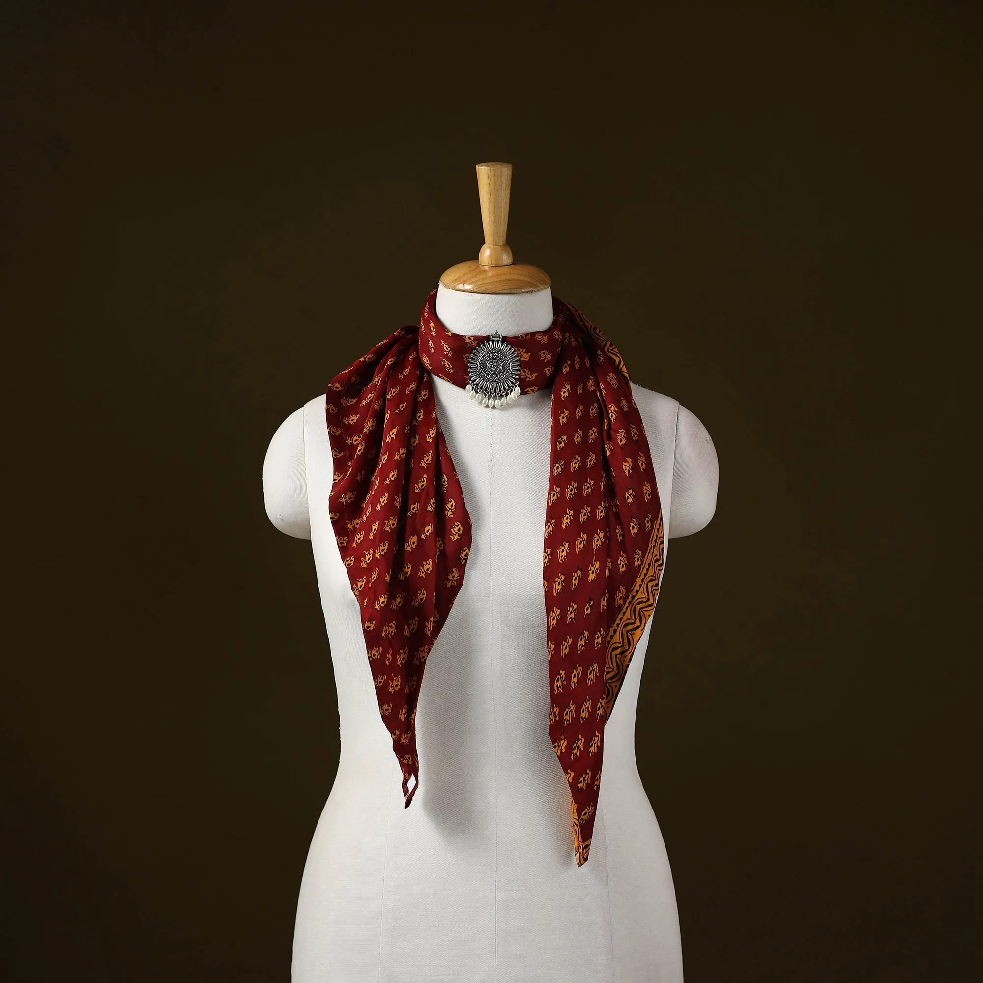 Red - Bagh Block Print Modal Silk Brooch Scarf 76 sold by Itokri