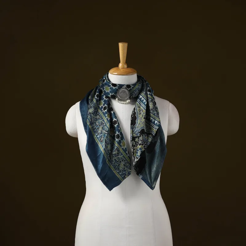 Blue - Ajrakh Block Print Modal Silk Brooch Scarf 56 sold by Itokri
