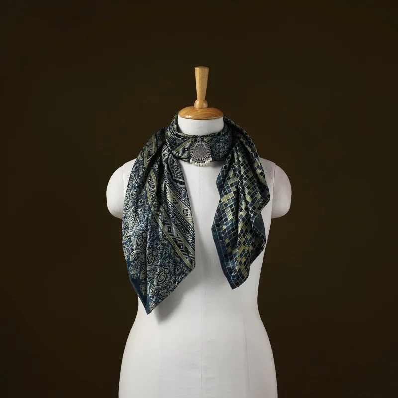 Blue - Ajrakh Block Print Modal Silk Brooch Scarf 50 sold by Itokri