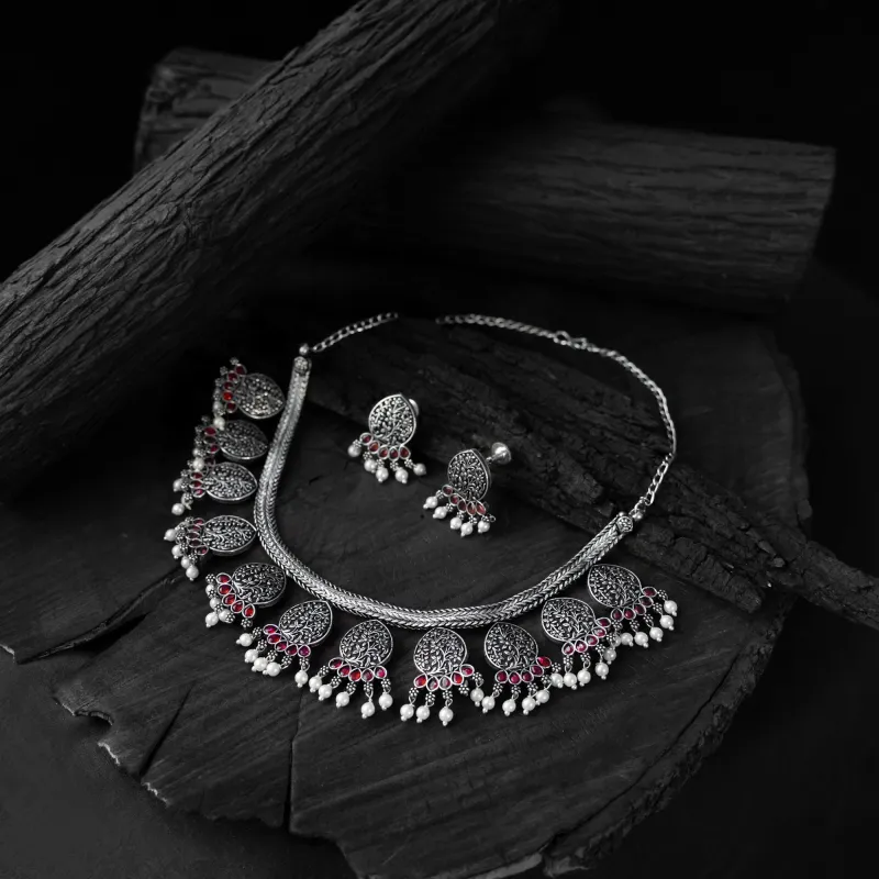 Pink - Saanjh Bela Floral Oxidised Necklace Set made by Itokri