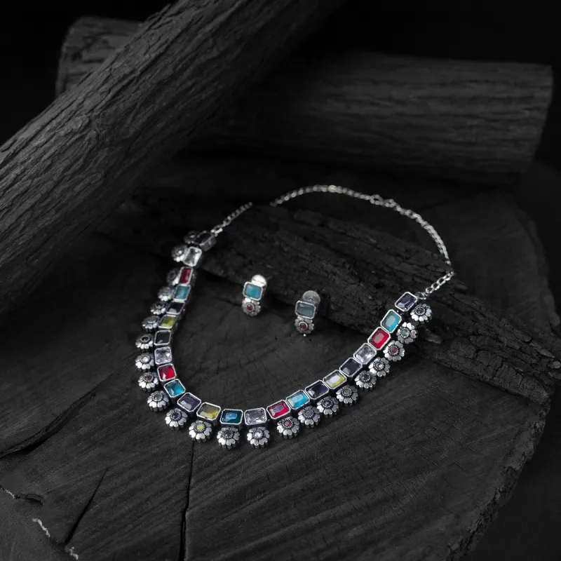 Multicolor - Saanjh Bela Blossom Oxidised Necklace Set made by Itokri