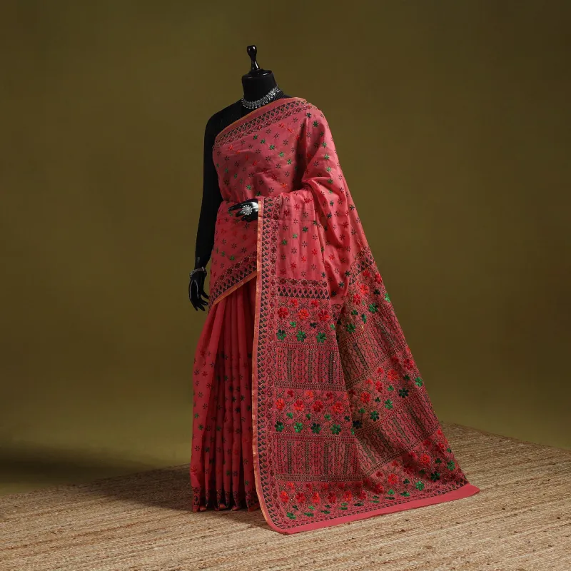 Pink - Bengal Hand Embroidery Silk Cotton Kantha Saree 07 sold by Itokri