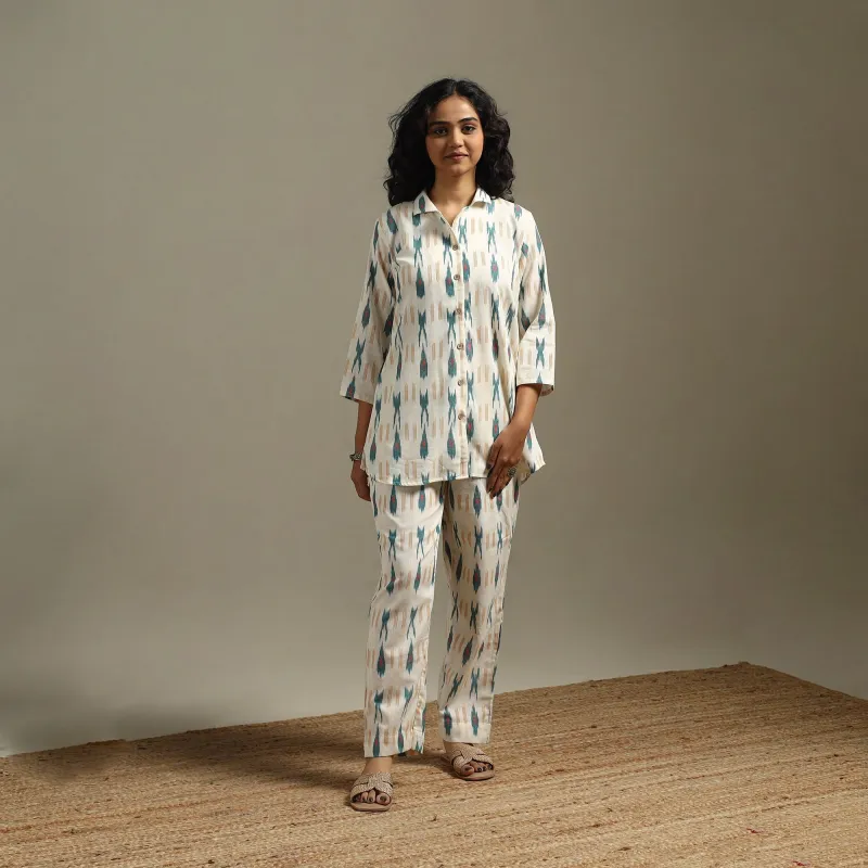 White - Pochampally Ikat Cotton Night Suit Set 15 sold by Itokri