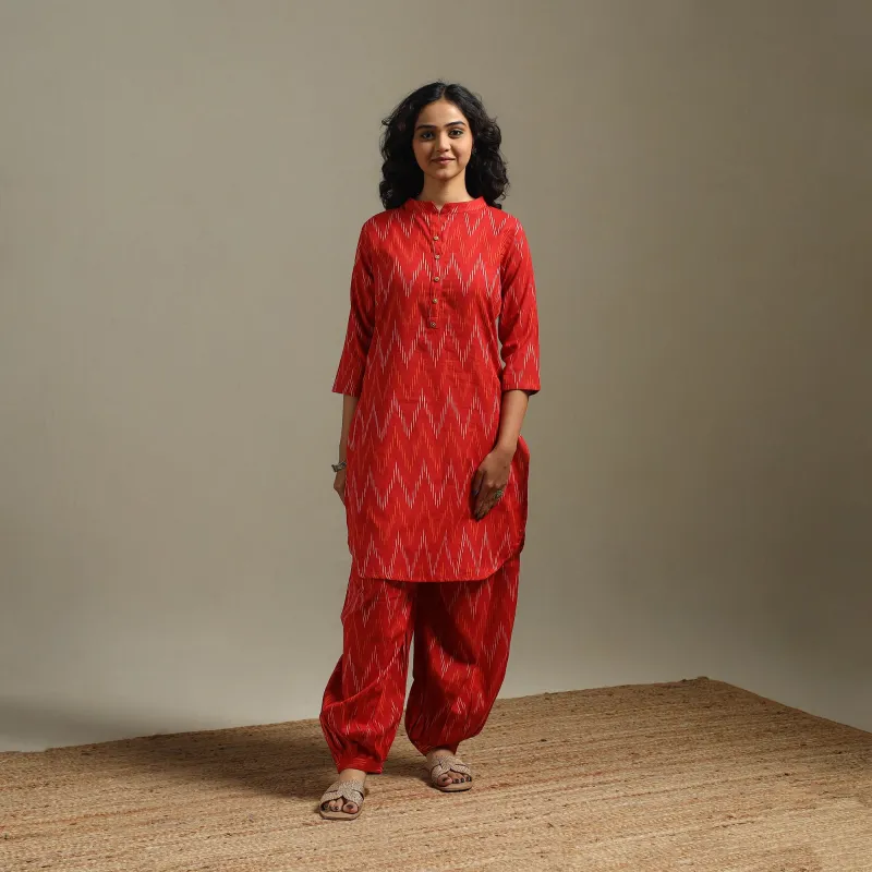 Red - Pochampally Ikat Cotton Night Suit Set 08 sold by Itokri
