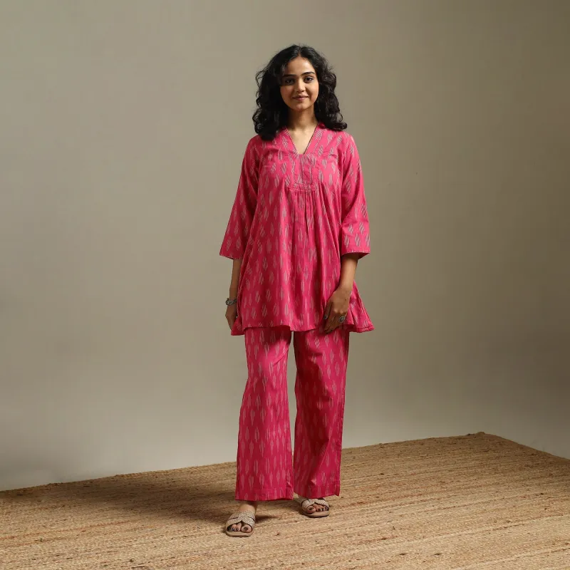 Pink - Hand Embroidered Pochampally Ikat Cotton Night Suit Set 11 sold by Itokri