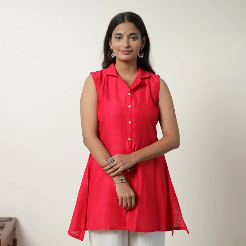 Kiara Pink Slub Silk Short Plain Kurta made by Itokri