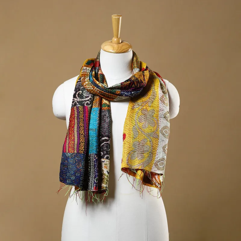Multicolor - Bengal Kantha Work Reversible Patchwork Silk Stole 18 sold by Itokri