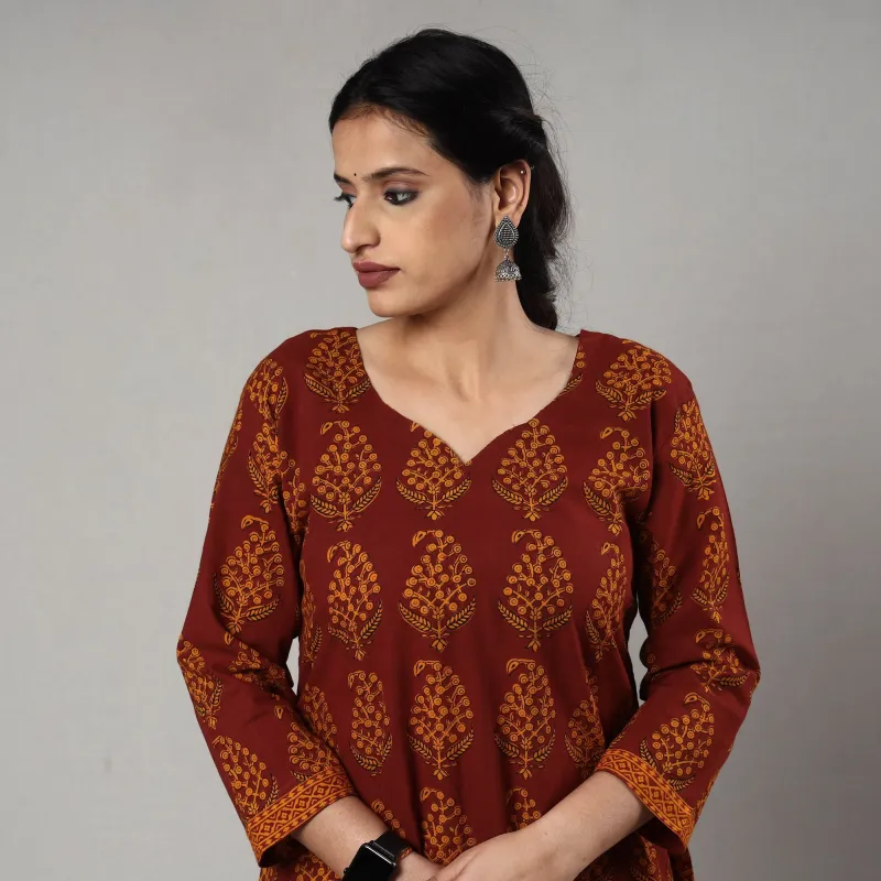 Dark Red - Block Print Cotton A-Line Bagh Kurta made by Itokri