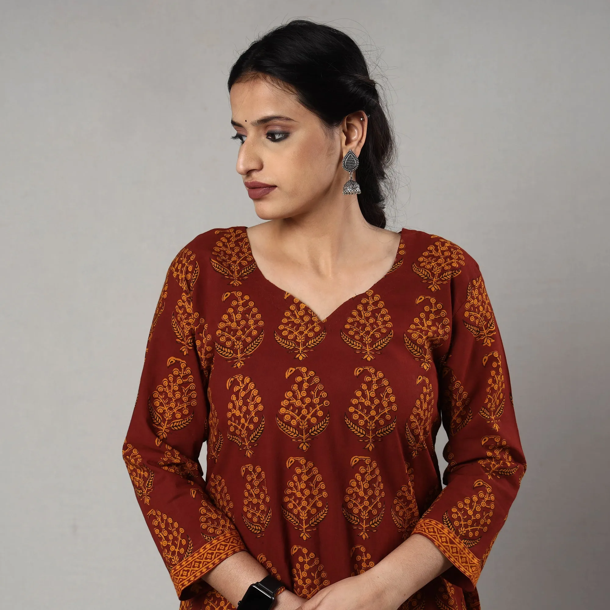 Dark Red - Block Print Cotton A-Line Bagh Kurta sold by Itokri