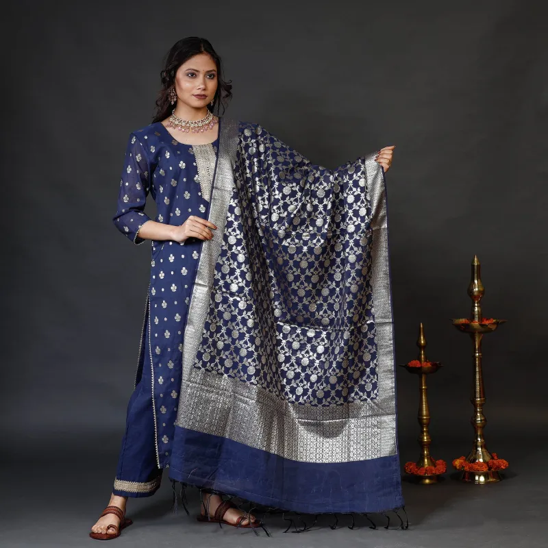 Navy Blue Banarasi Silk Zari Work Kurta with Palazzo & Dupatta Set sold by Itokri
