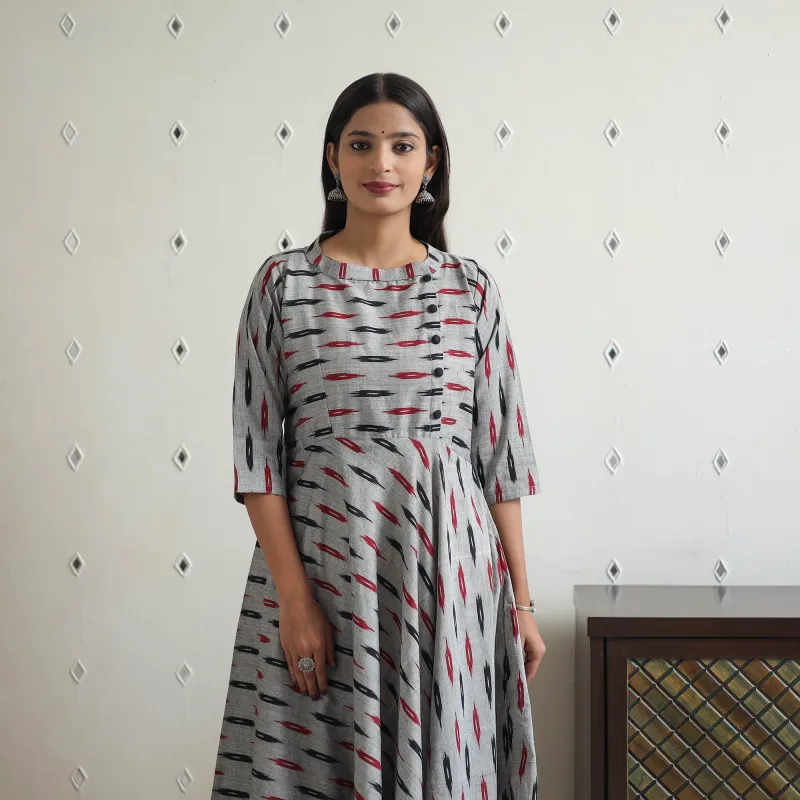 Grey - Cotton Flared Pochampally Ikat Kurta 17 sold by Itokri