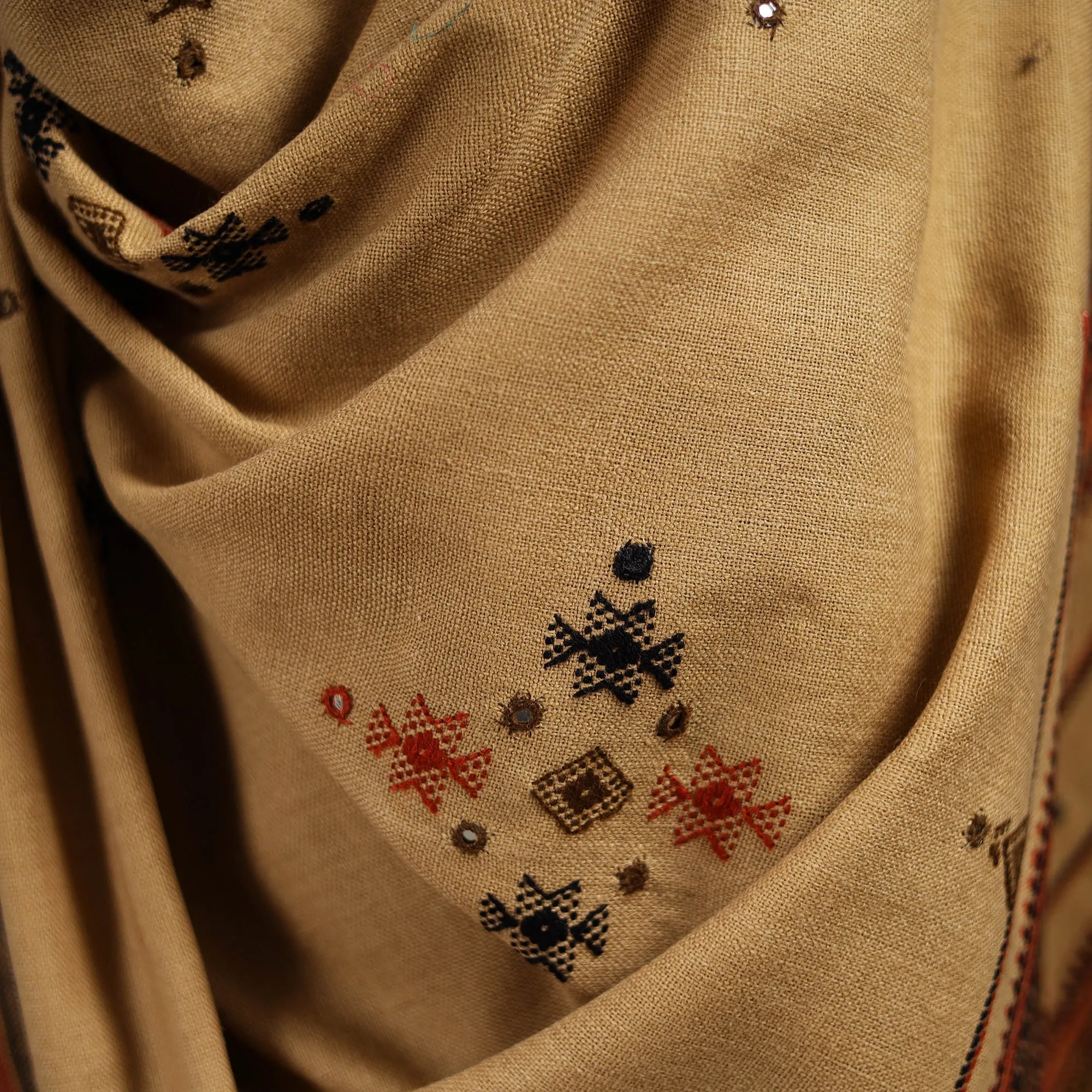 Beige - Kutch Bhujodi Handwoven Mirror Work Acrylic Wool Shawl 32 sold by Itokri product image thumbnail 3