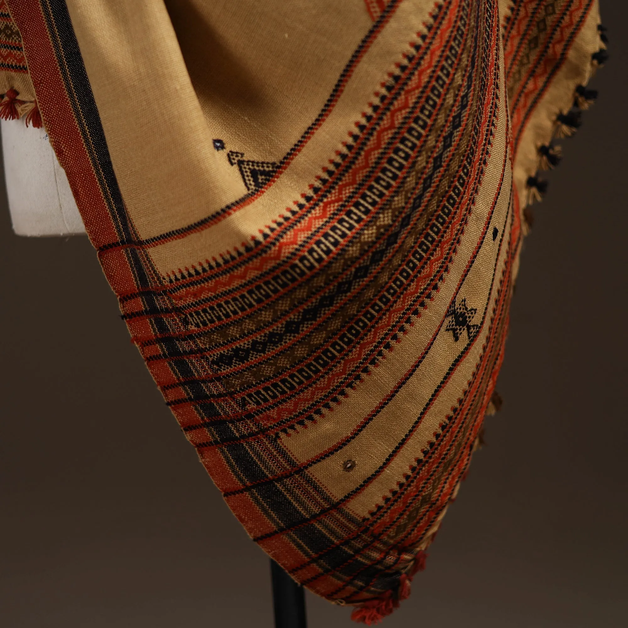 Beige - Kutch Bhujodi Handwoven Mirror Work Acrylic Wool Shawl 32 sold by Itokri product image thumbnail 4