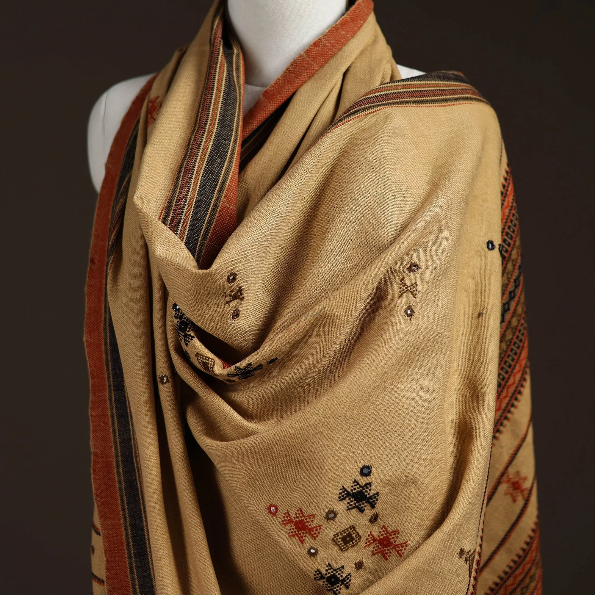 Beige - Kutch Bhujodi Handwoven Mirror Work Acrylic Wool Shawl 32 sold by Itokri product image thumbnail 2