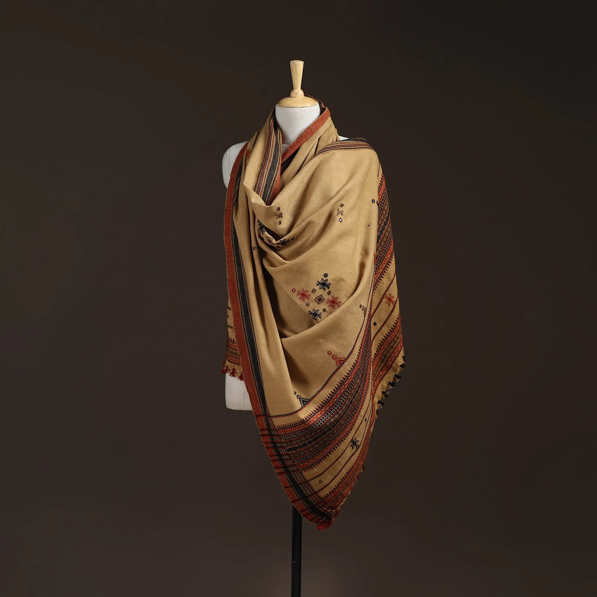 Beige - Kutch Bhujodi Handwoven Mirror Work Acrylic Wool Shawl 32 sold by Itokri