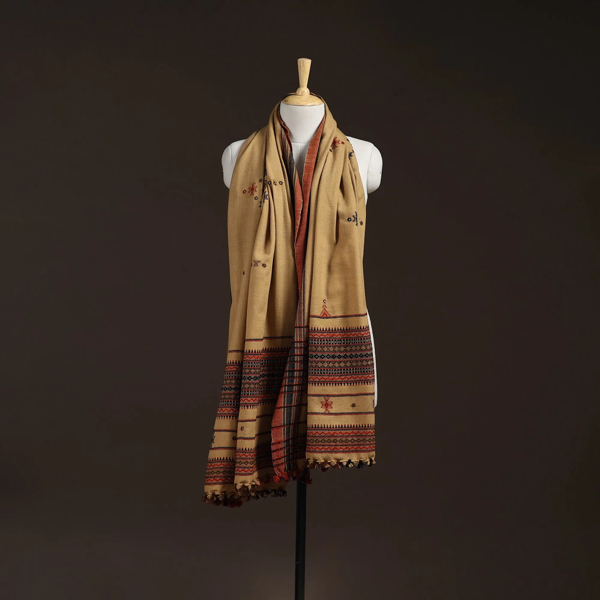 Beige - Kutch Bhujodi Handwoven Mirror Work Acrylic Wool Shawl 32 sold by Itokri product image thumbnail 5
