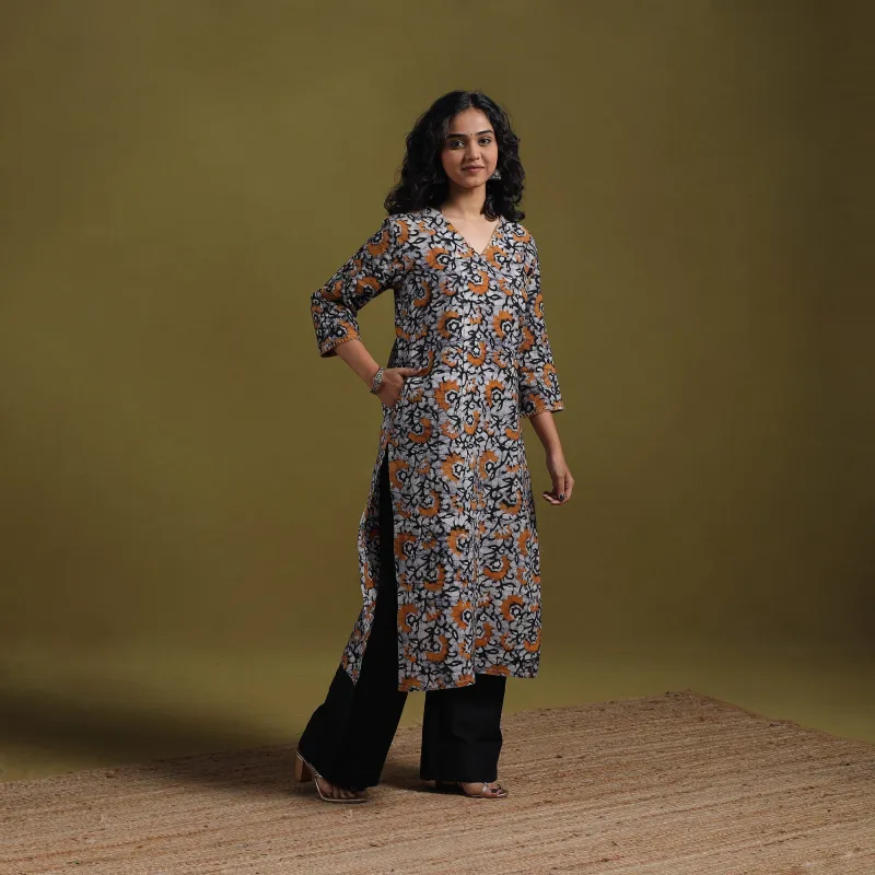Black - Cotton Hand Block Batik Print Embroidered Straight Kurta for women 16 made by Itokri
