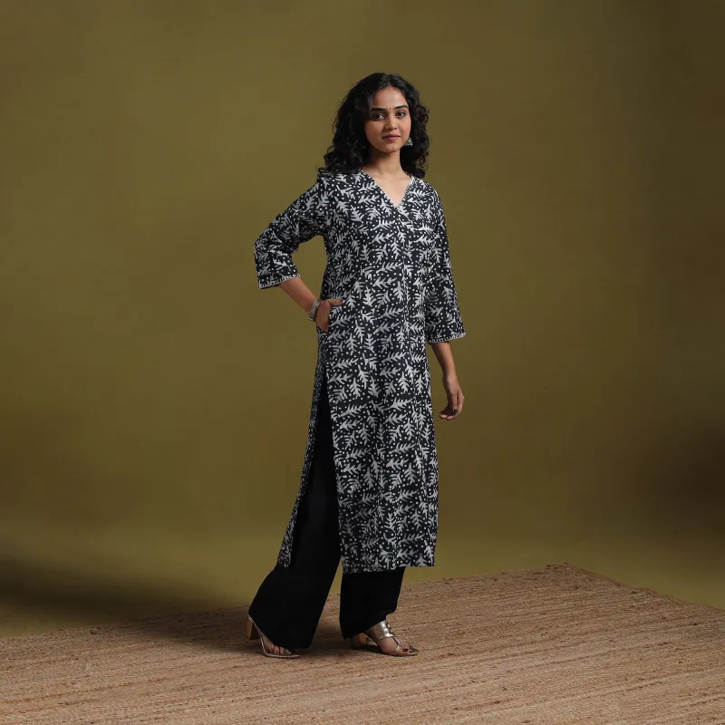 Black - Cotton Hand Block Batik Print Embroidered Straight Kurta for women 17 sold by Itokri