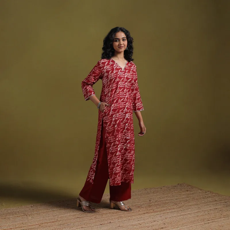 Red - Cotton Hand Block Batik Print Embroidered Straight Kurta for women 19 sold by Itokri