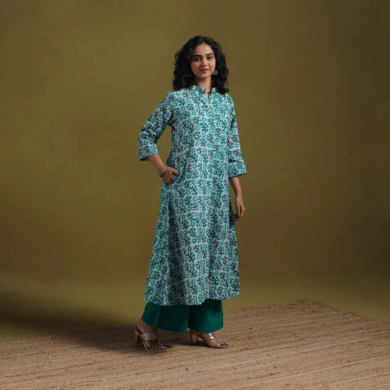 Green - Cotton Hand Block Batik Print A-Line Kurta for women 14 sold by Itokri