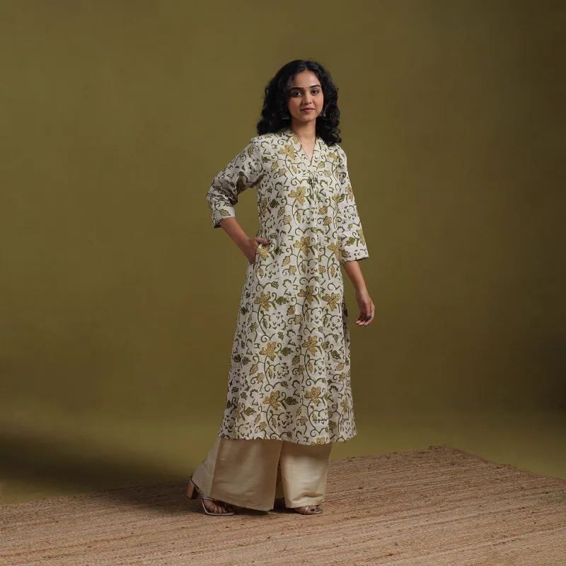 Beige - Cotton Hand Block Batik Print Embroidered A-Line Kurta for women 06 sold by Itokri