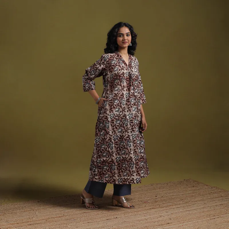 Brown - Cotton Hand Block Batik Print Embroidered A-Line Kurta for women 10 sold by Itokri