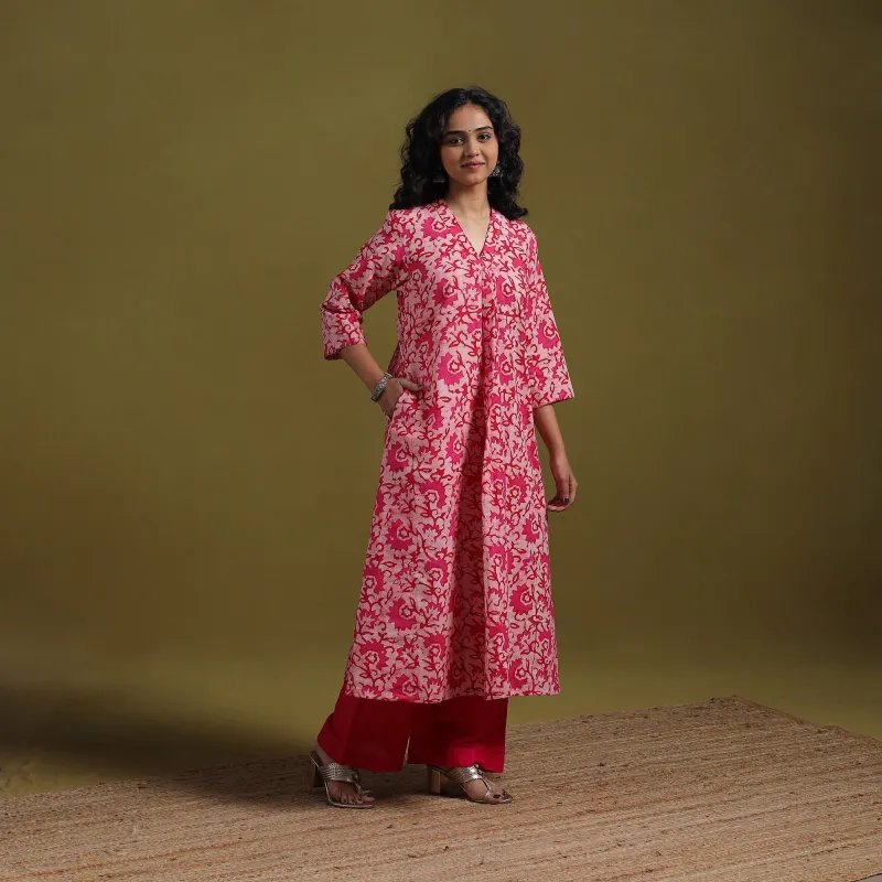 Pink - Cotton Hand Block Batik Print Embroidered A-Line Kurta for women 09 sold by Itokri