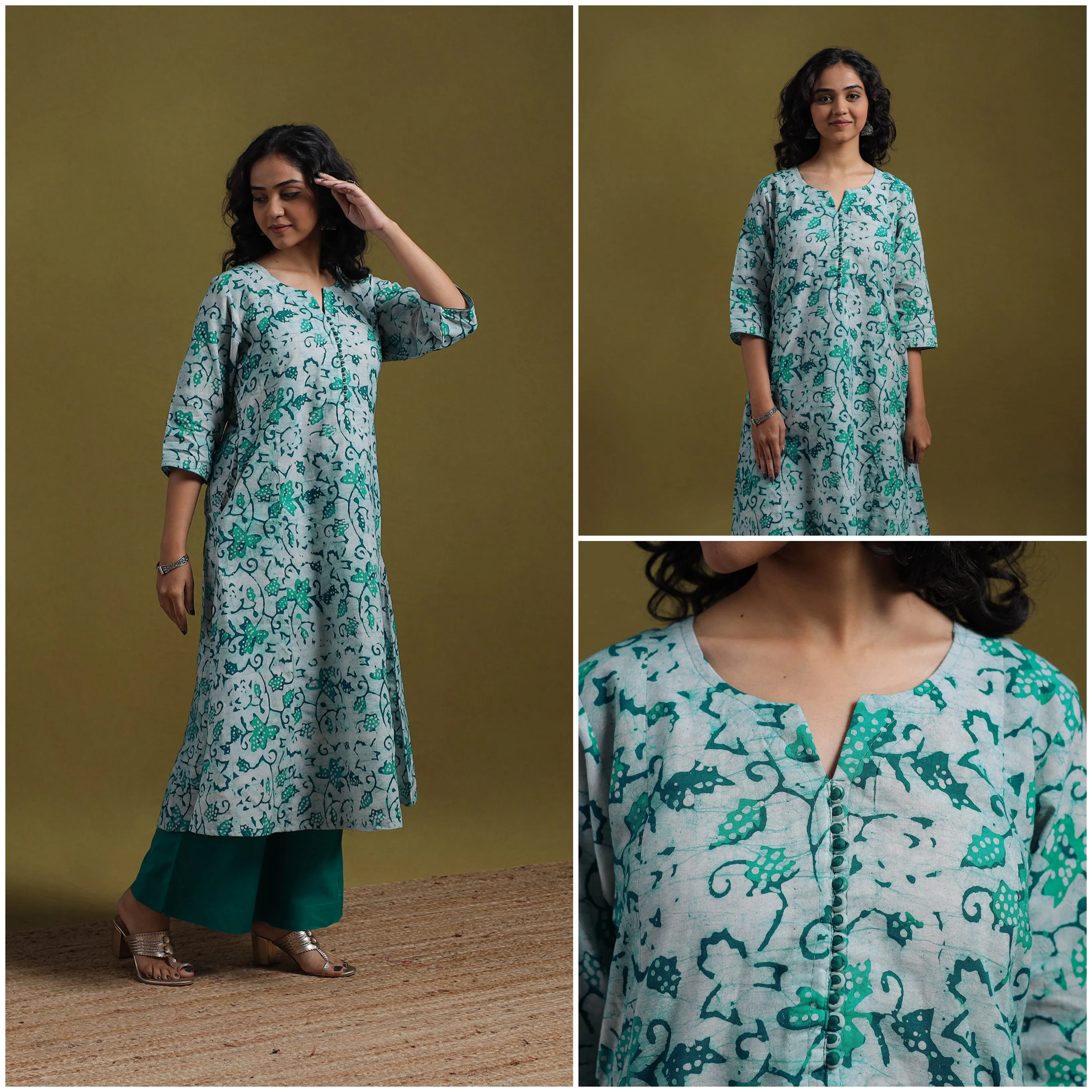Green - Cotton Hand Block Batik Print A-Line Kurta for women 22 sold by Itokri product image thumbnail 3